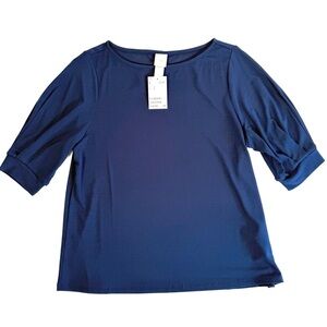 H&M Navy Blue Bateau Neck 3/4 Length Pleated Sleeves Top Quiet Luxury